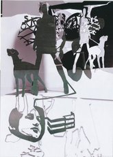 © Jörg Mandernach, Papierarbeiten, works on paper, Mischtechnik, mixed media, Zettelkasten, Collage, ball pen, Kugelschreiber, paper  cutout, Silhouette, ink, Feder, pen
